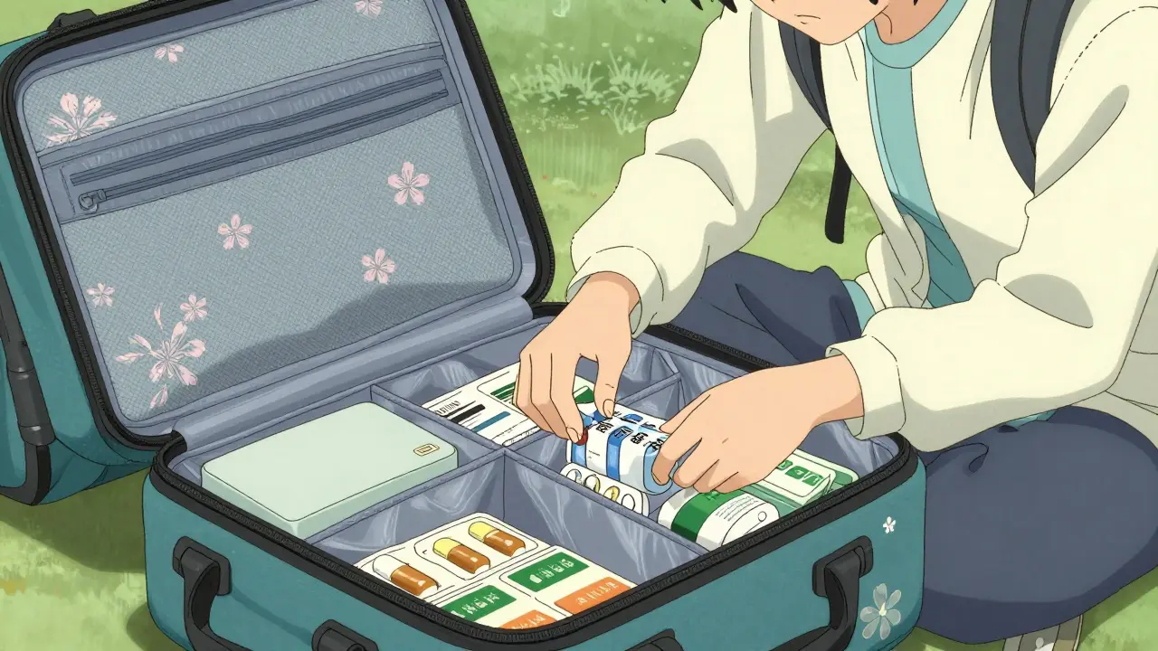 Organisation soignée de médicaments dans un sac de voyage sécurisé.