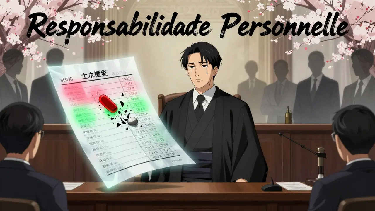 Personne Qualifiée européenne face à un registre de lots médicamenteux, un lot défectueux se brise en porcelaine sous ses yeux.