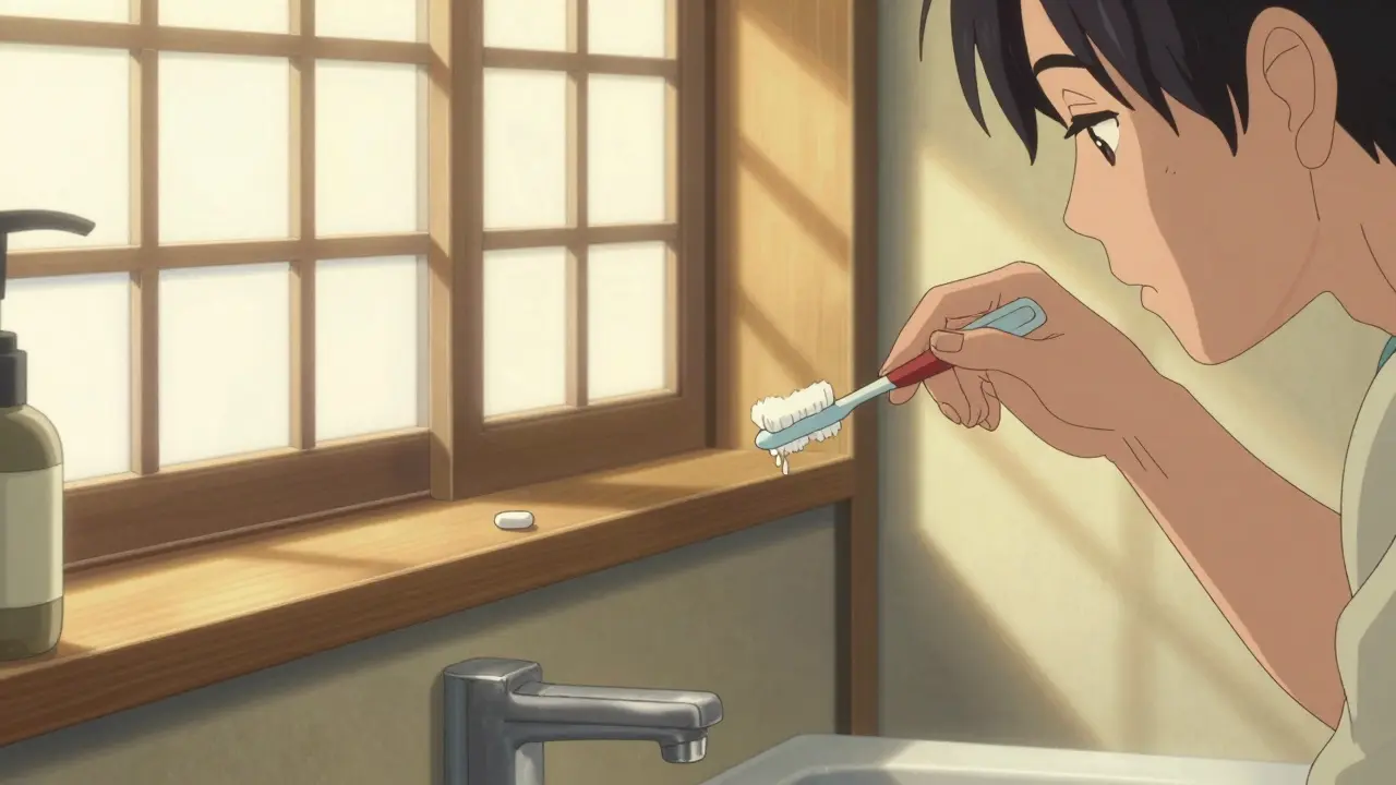 Personne se brossant les dents avec une pilule sur l'étagère.