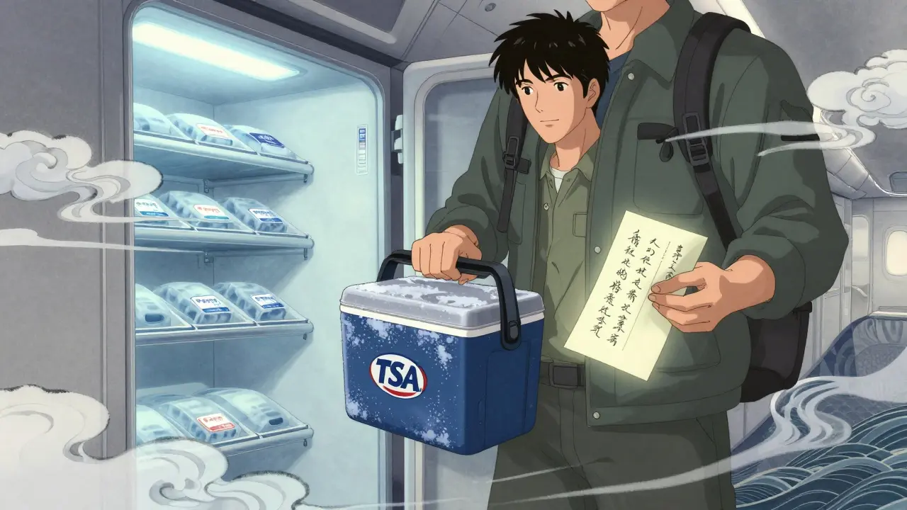 Sacoche isotherme avec blocs de gel gelés, près d'un avion avec compartiment réfrigéré.