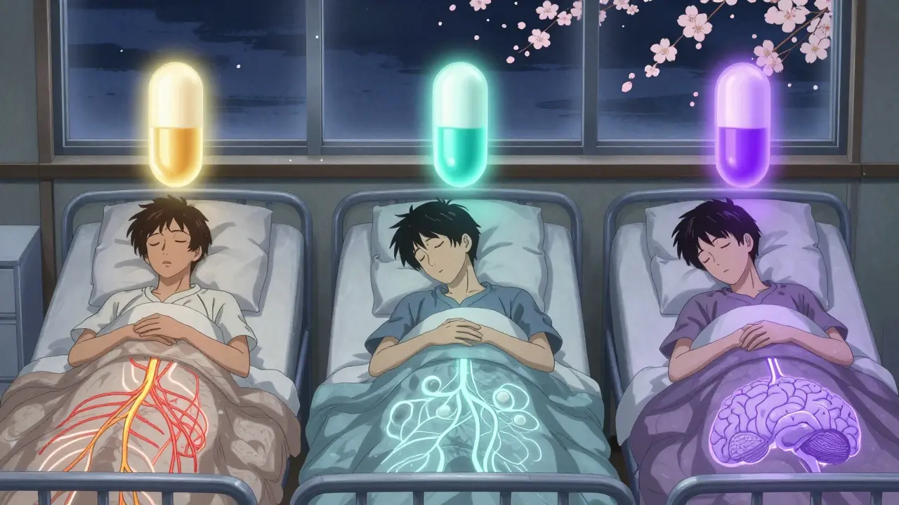 Trois combinaisons de médicaments flottent au-dessus de patients endormis, entourées de motifs traditionnels japonais.