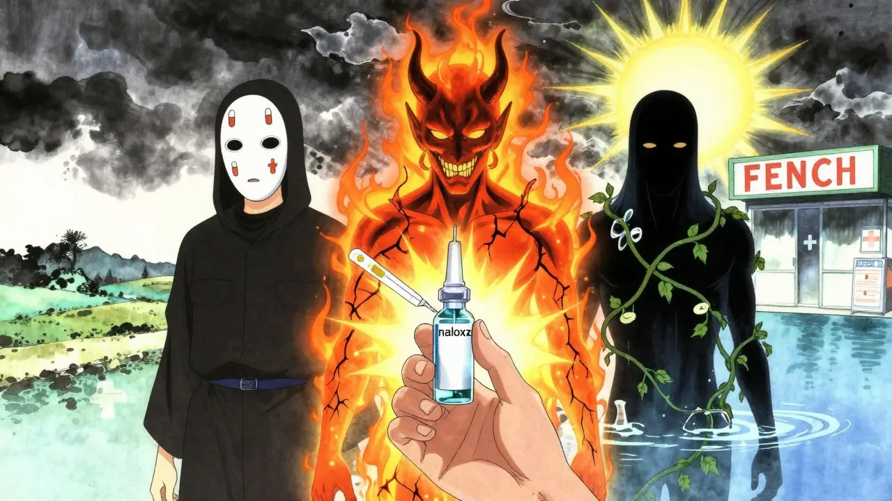 Trois symboles représentant des surdoses mixtes bloqués par une main tenant un spray de naloxone et une bandelette de test.