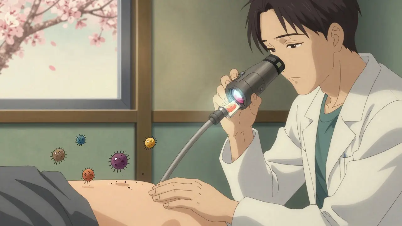 Un médecin effectuant une endoscopie dans une pièce calme, avec des motifs de fleurs de cerisier et des bactéries en ombres samouraïs.