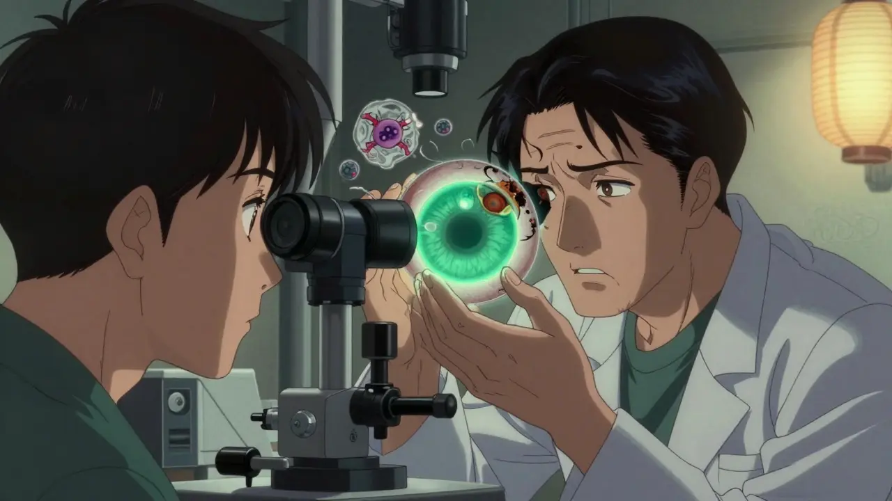 Un ophtalmologiste examine un œil avec une lampe à fente, une teinture verte révélant une lésion corneenne, dans un style anime ukiyo-e.