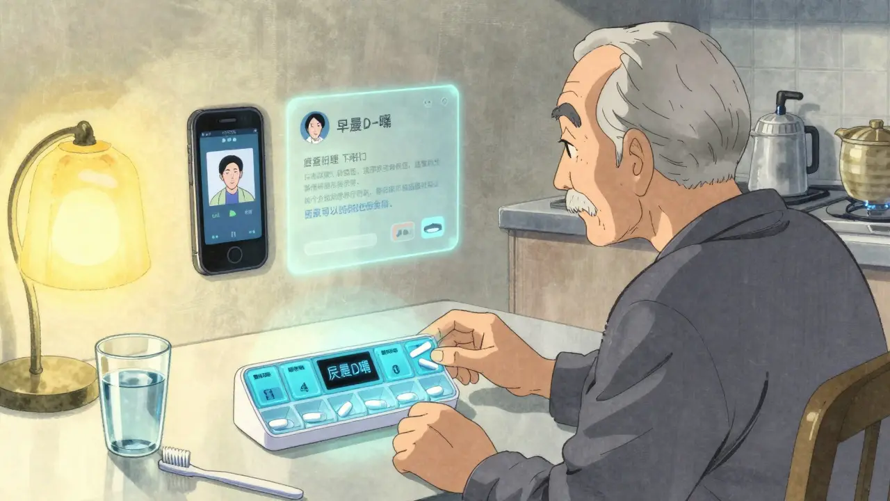 Un organisateur de pilules intelligent éclaire une table de cuisine avec des rappels numériques.