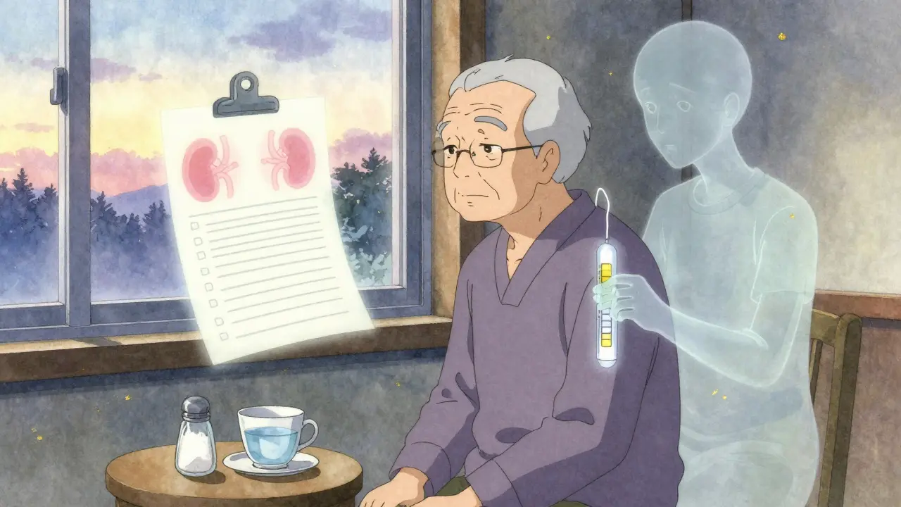 Un patient âgé à la fenêtre avec des icônes rénales et thyroïdiennes flottantes, dans un style anime influencé par l'ukiyo-e.
