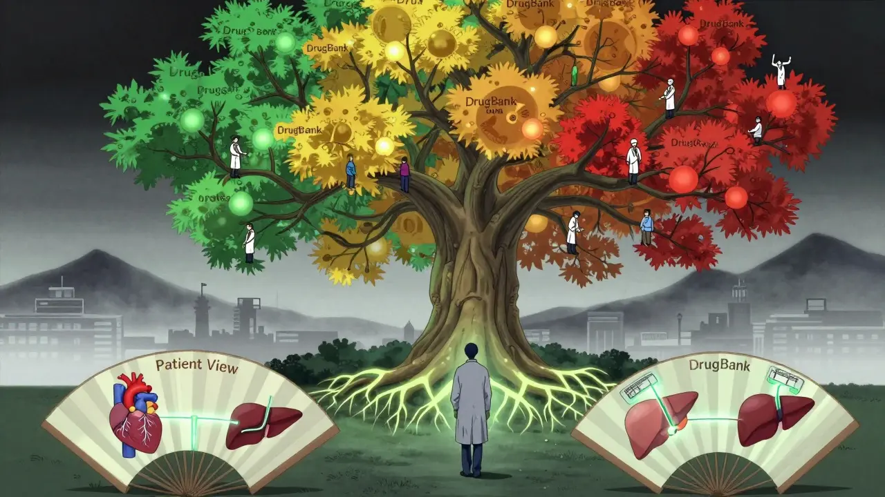 Un patient explore un arbre moléculaire coloré représentant les interactions médicamenteuses de DrugBank, dans un style anime ukiyo-e.