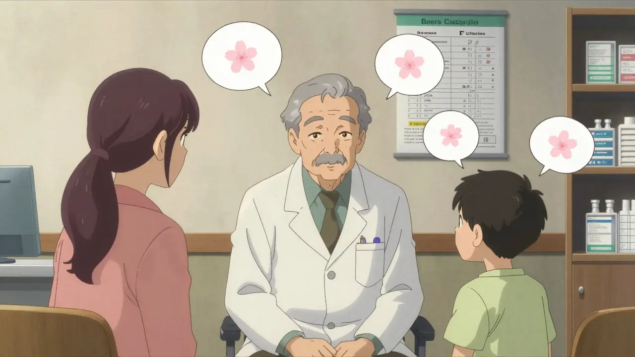 Un senior pose des questions à un pharmacien entouré de sa famille, dans un cadre médical apaisant.