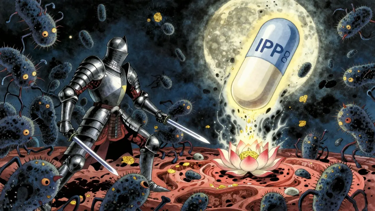 Une bataille symbolique entre un chevalier et des créatures H. pylori, tandis qu'une pilule thérapeutique descend du ciel pour guérir l'estomac.