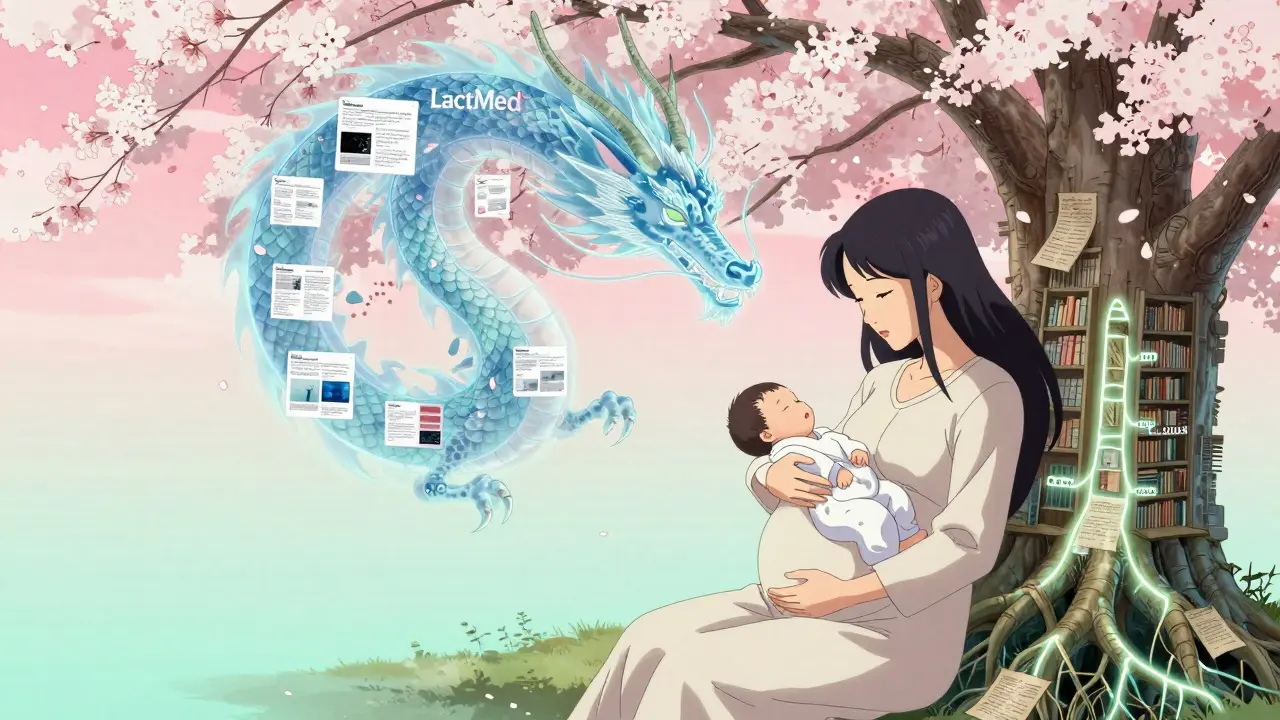 Une femme enceinte allaitent son bébé sous un arbre de données flottantes, représentant LactMed, dans un style anime japonisant.