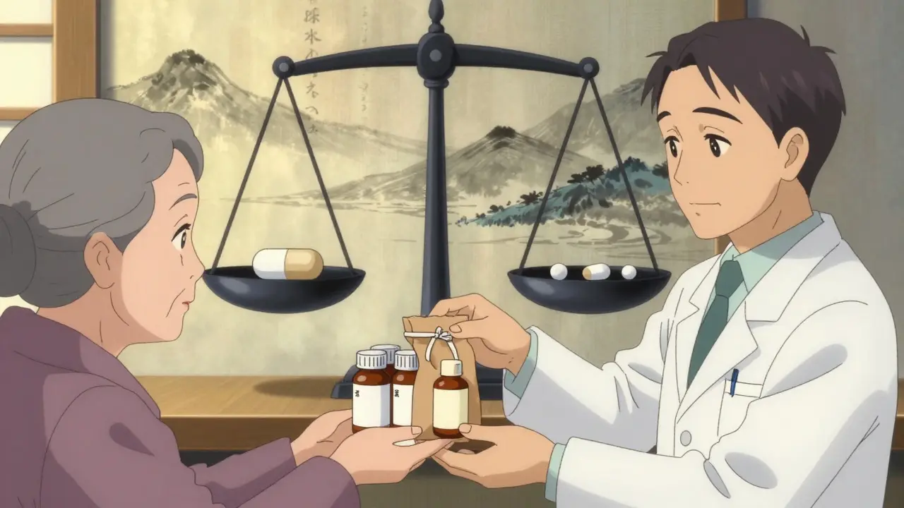 Une pharmacienne remet un sachet contenant des génériques de douleur, avec une balance symbolisant la simplicité du traitement.