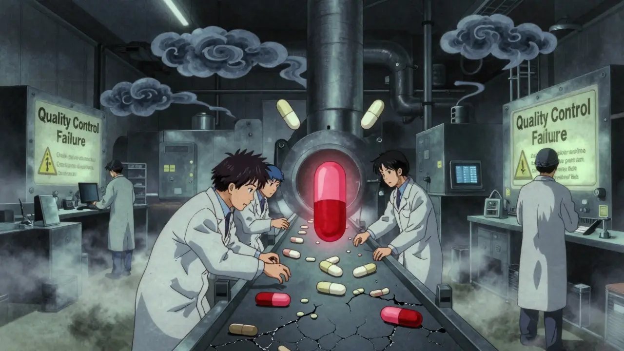 Une usine pharmaceutique avec des comprimés défectueux et des avertissements flottants, dans un style anime traditionnel.