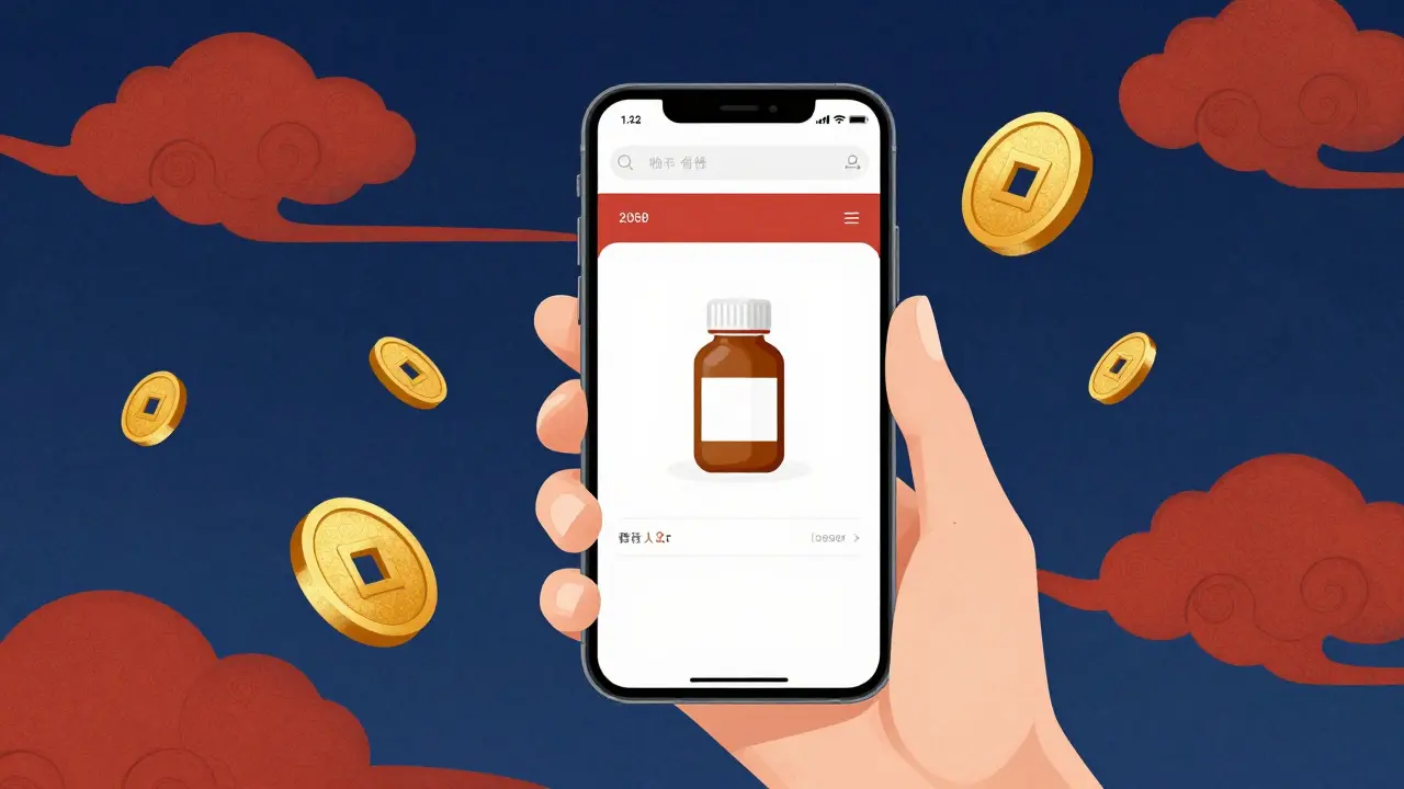 Achat de médicaments en ligne sur smartphone avec des motifs de nuages et de pièces d'or.