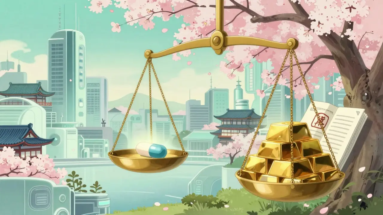 Balance entre un médicament et des profits financiers devant un paysage futuriste japonais.