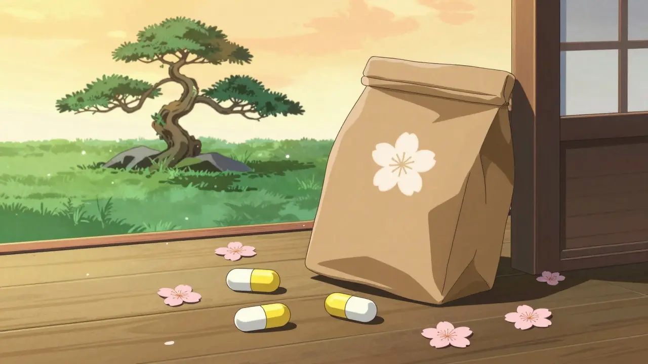 Colis de pharmacie et gélules sur une terrasse japonaise style anime.