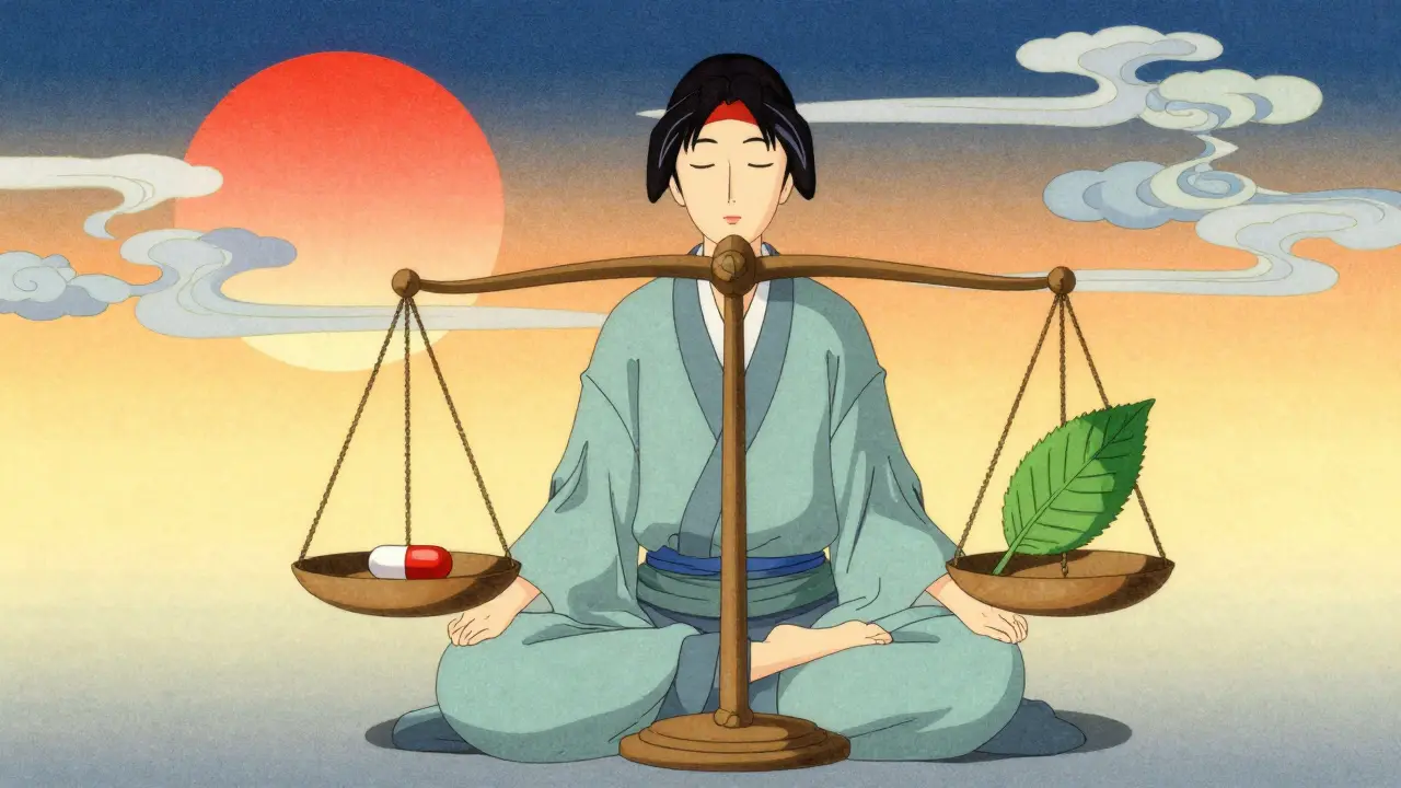 Concept de santé et d'équilibre avec une balance et un soleil levant style anime.