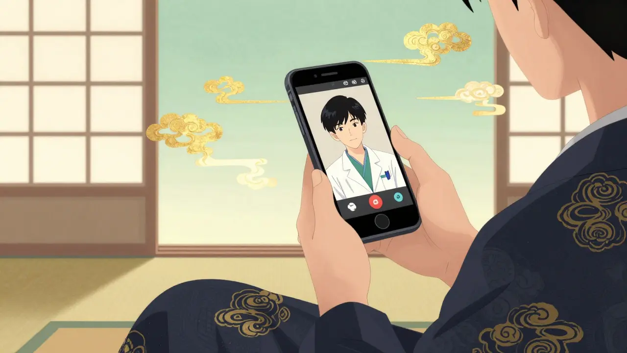 Consultation médicale en ligne via smartphone dans un style anime Ukiyo-e.