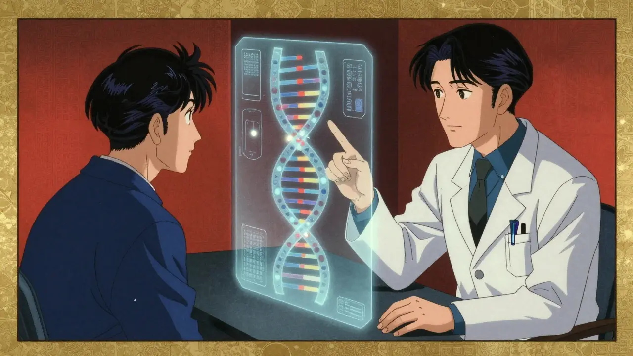 Consultation médicale futuriste style anime ukiyo-e avec une hélice d'ADN holographique.