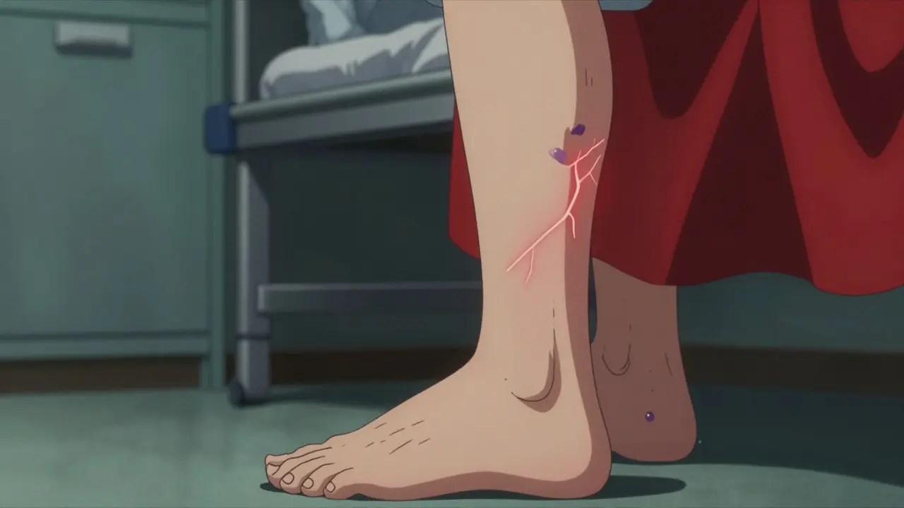 Représentation anime d'une jambe gonflée et rouge indiquant une thrombose veineuse profonde.