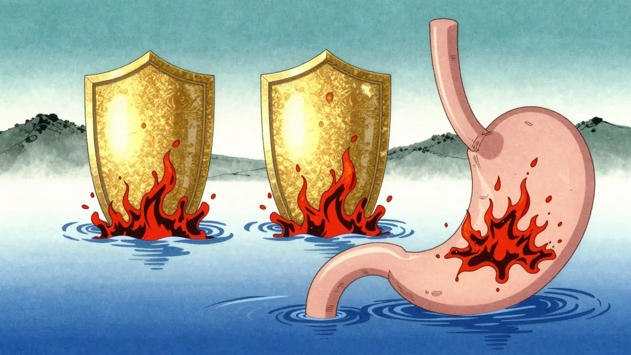 Représentation conceptuelle de la triple action protectrice contre l'acidité gastrique.