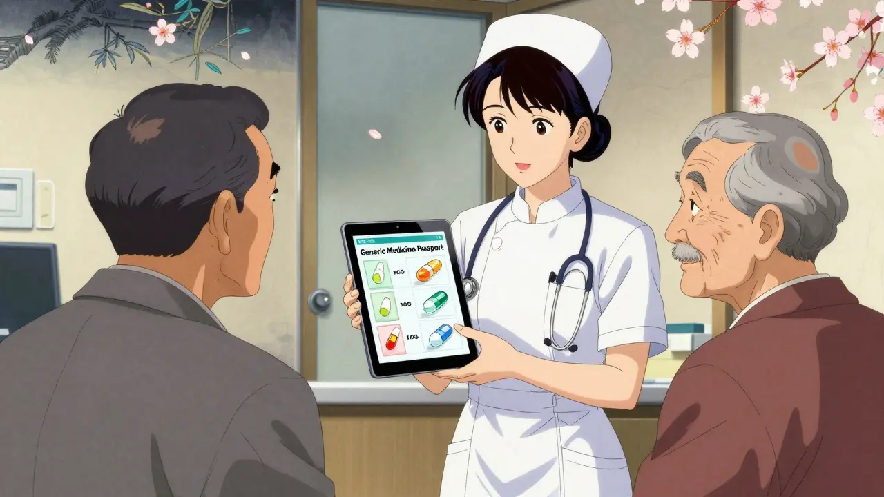 Une infirmière utilisant une tablette numérique pour éduquer un patient sur les biosimilaires.