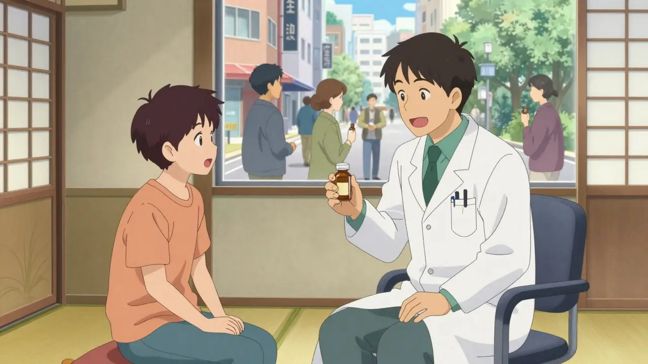 Consultation bienveillante normalisant le traitement médical, style anime influencé par l'ukiyo-e.