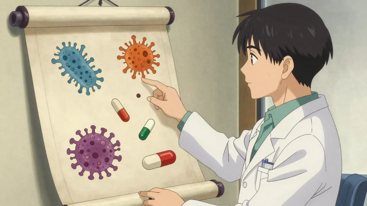 Médecin expliquant l'usage correct des antibiotiques sur un dépliant