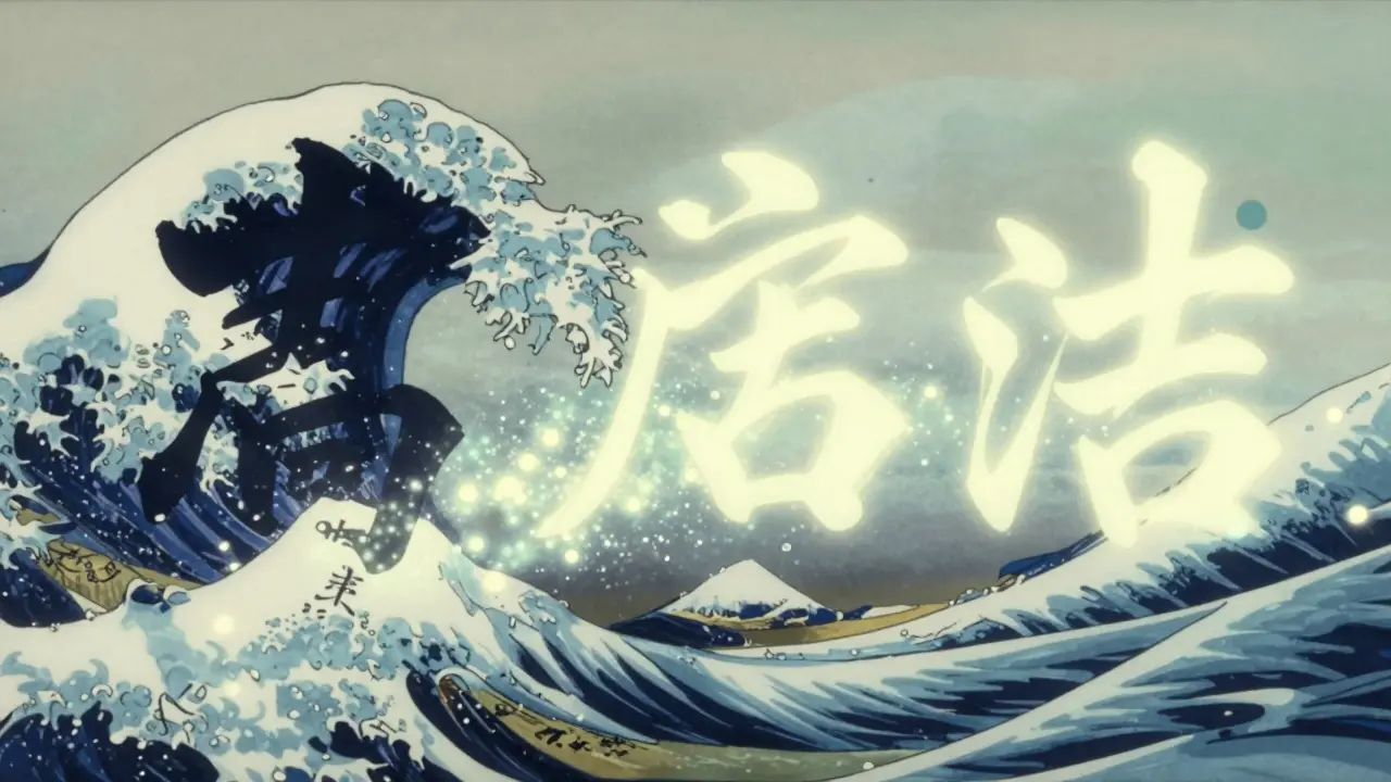 Métaphore visuelle de la transformation du langage négatif en mots soignants, style anime ukiyo-e.
