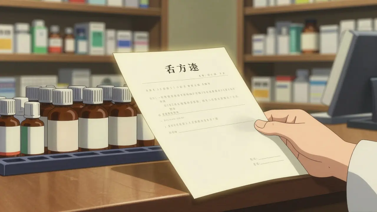 Ordonnance lumineuse sur un comptoir de pharmacie en style ukiyo-e