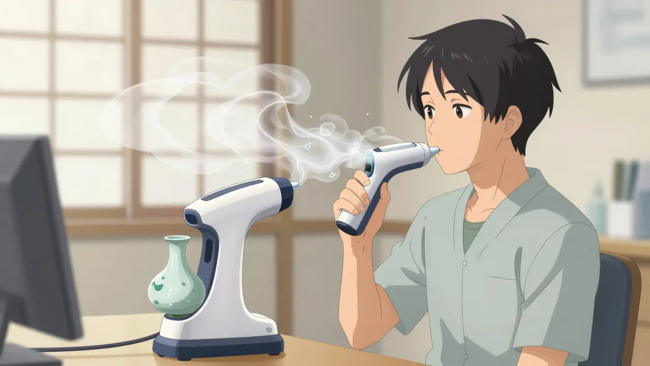 Personnage effectuant un test respiratoire pour le SIBO avec un appareil de collecte de souffle.