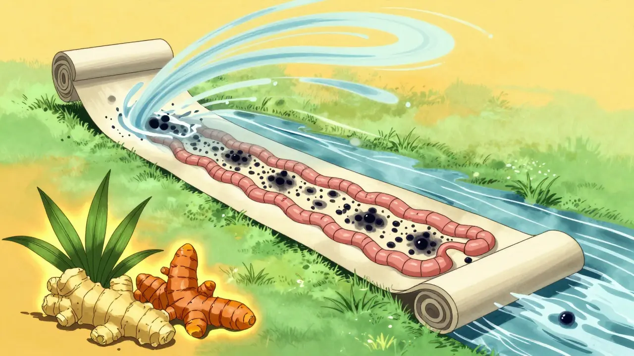 Représentation artistique du nettoyage intestinal par les prokinétiques et herbes médicinales.