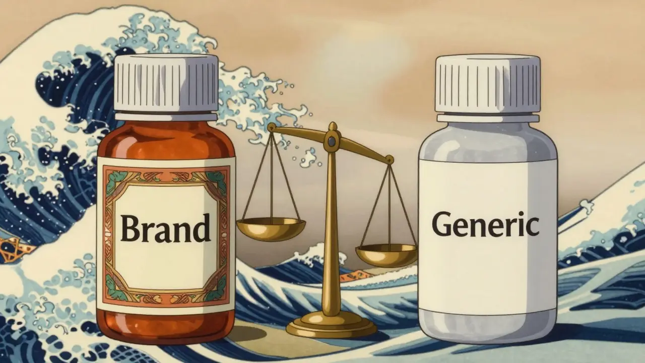 Comparaison visuelle entre médicament de marque et générique avec balance