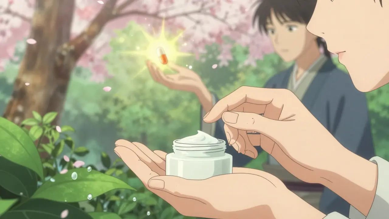 Comparaison visuelle traitements topiques et oraux, style anime apaisant