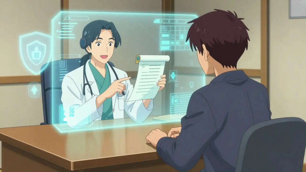 Consultation de télémédecine sécurisée avec docteur virtuel et boucliers de protection numériques