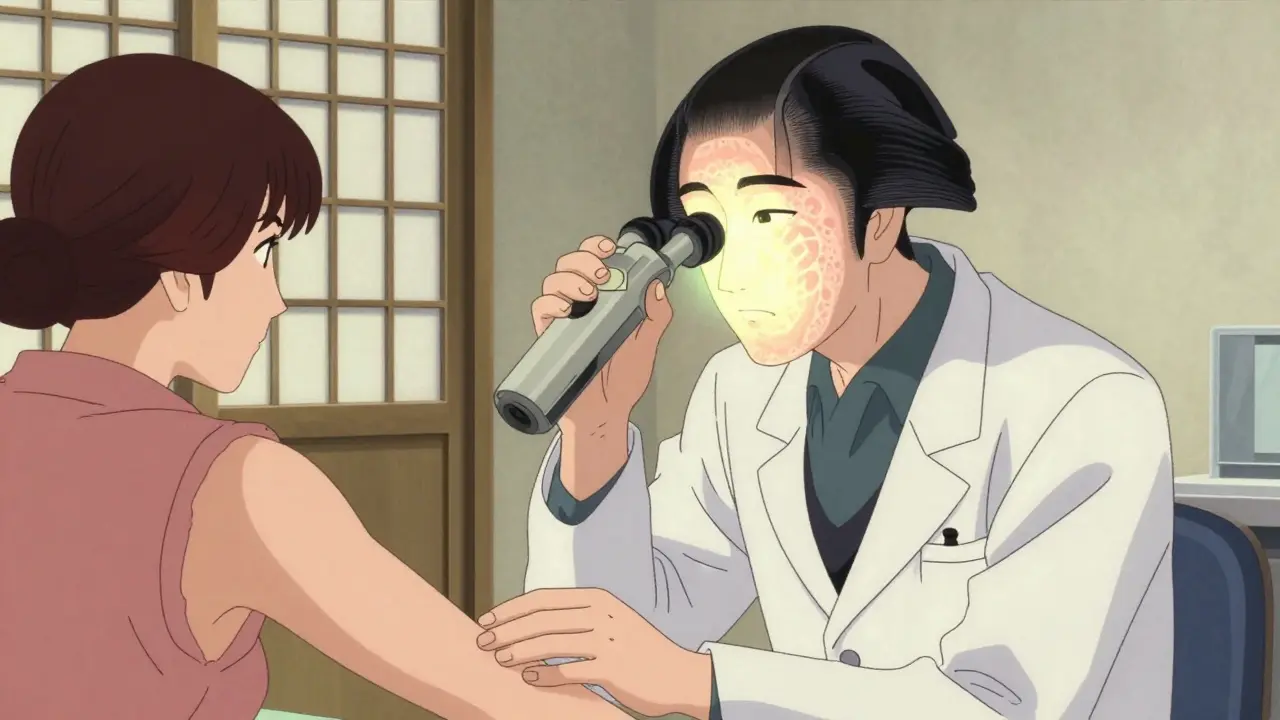 Dermatologue examinant la peau avec un dermoscope sous style anime