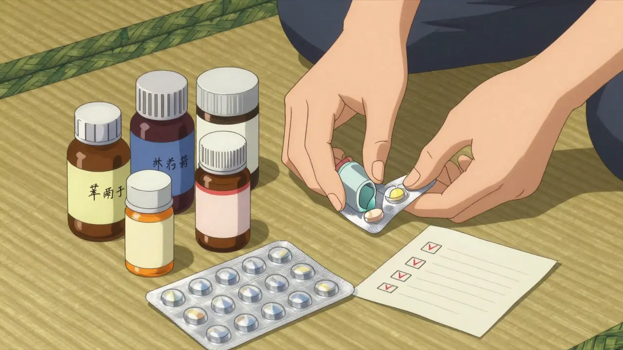 Mains organisant des boîtes de médicaments et des notes sur un tapis tatami