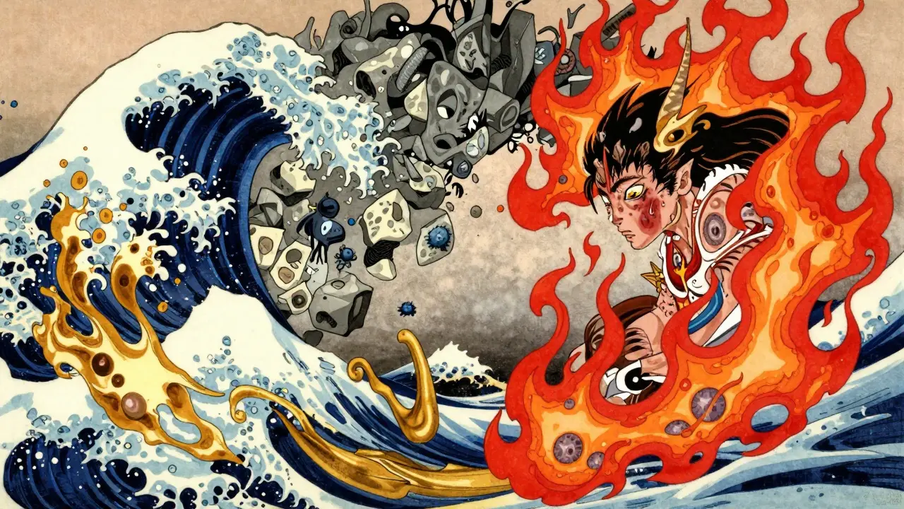 Représentation abstraite des causes de l'acné, style manga traditionnel