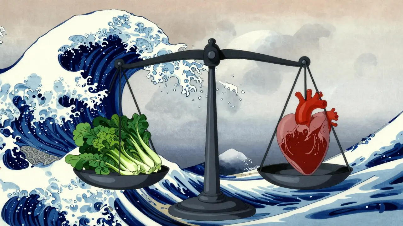 Balance conceptuelle entre légumes verts et santé cardiaque, style Ukiyo-e animé