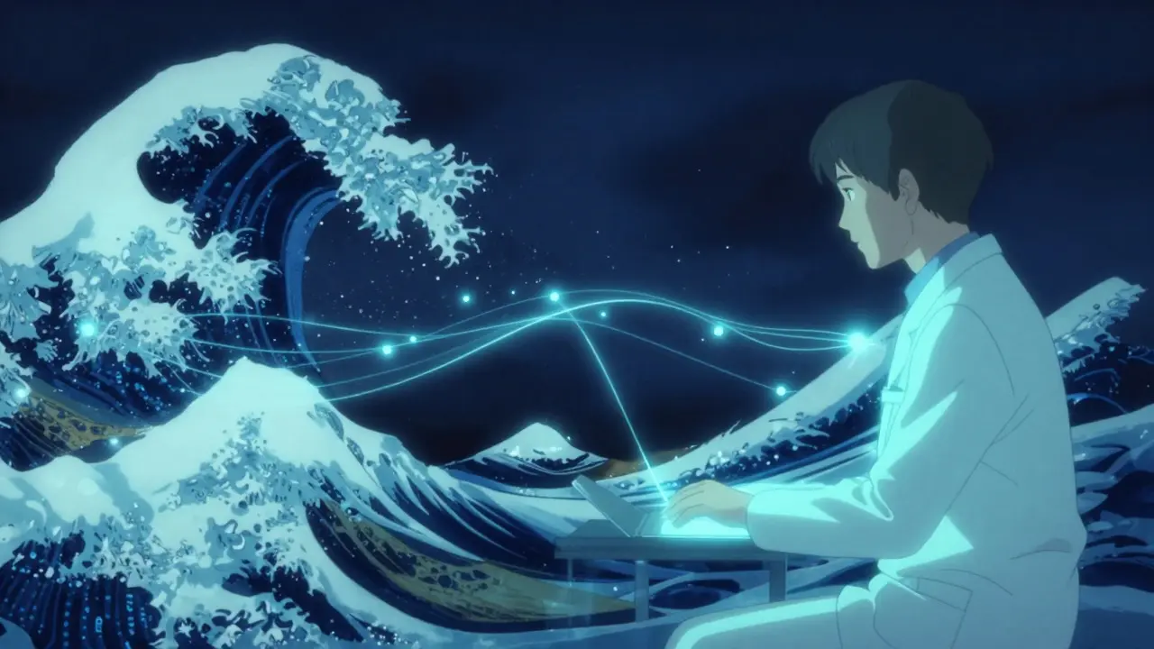 Consultation télémedicale sécurisée illustrée en style anime ukiyo-e moderne