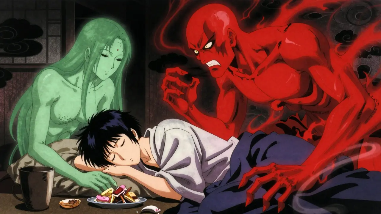 Esprits de la faim et satiété dans un style anime ukiyo-e dramatique