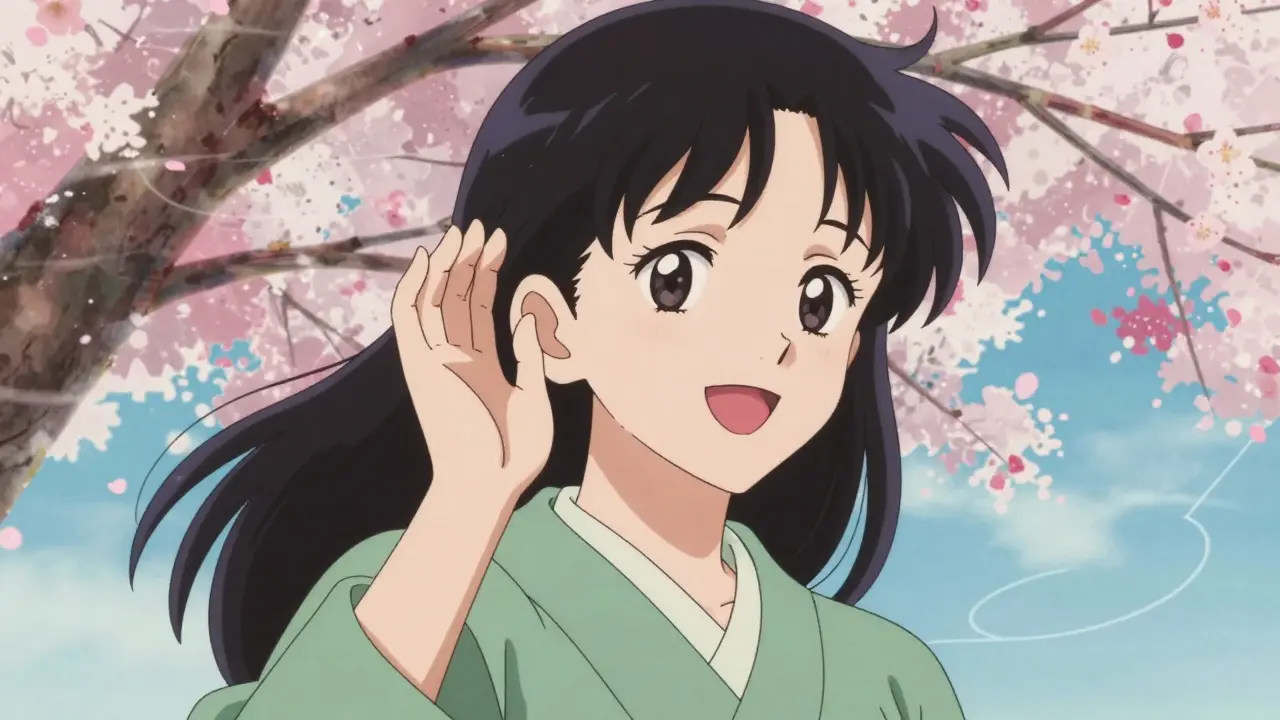 Femme souriante et soulagée tenant son oreille, style anime