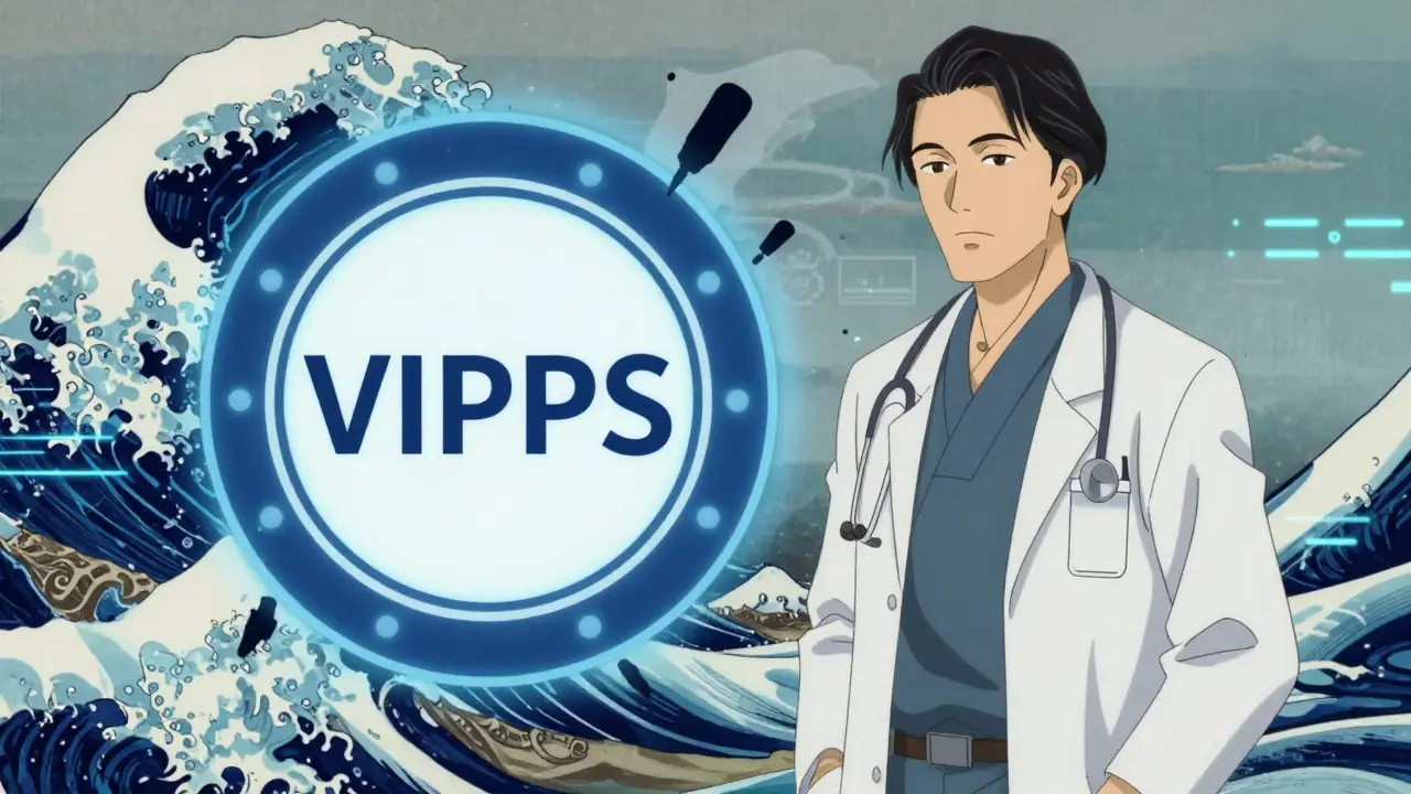 Médecin stylisé avec un sceau de sécurité VIPPS protégeant contre les arnaques médicales