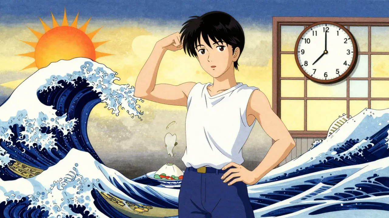 Personnage anime en équilibre métabolique, style ukiyo-e apaisant