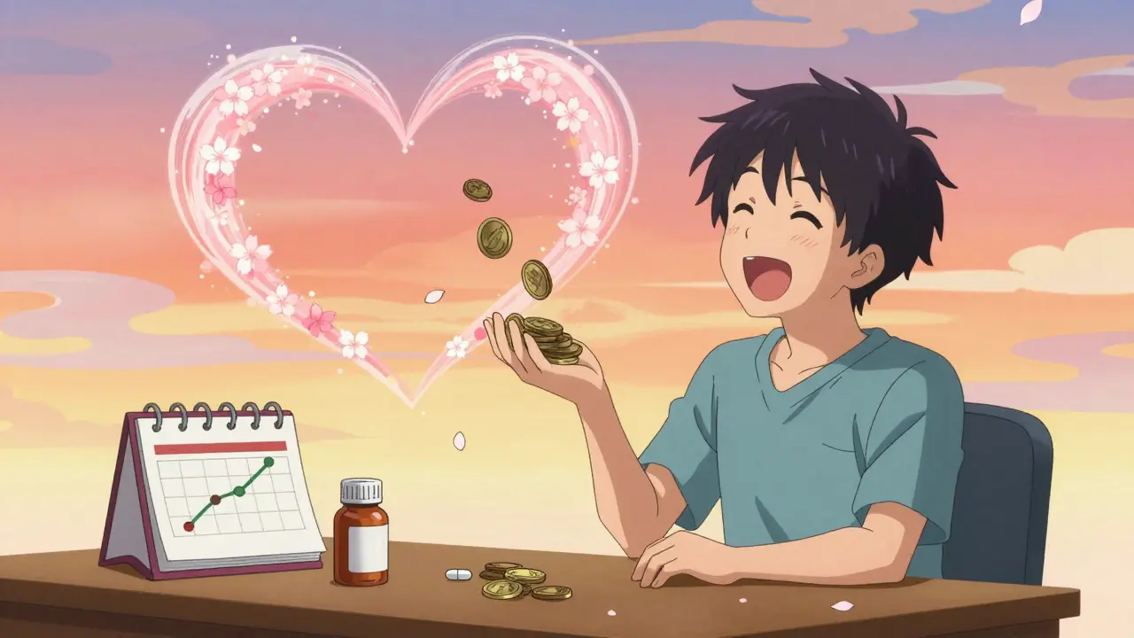Personnage heureux économisant de l'argent pour sa santé cardiaque, style manga