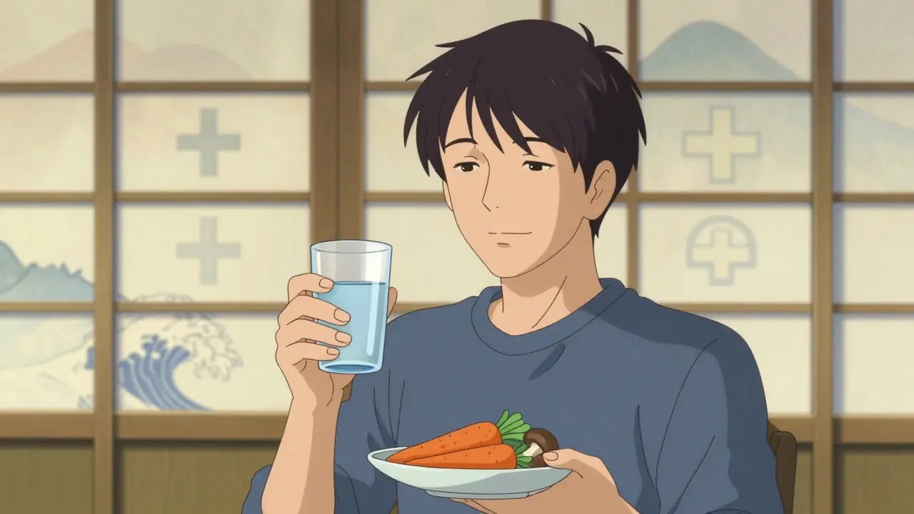 Personnage serein avec des légumes pauvres en vitamine K, ambiance traditionnelle apaisante