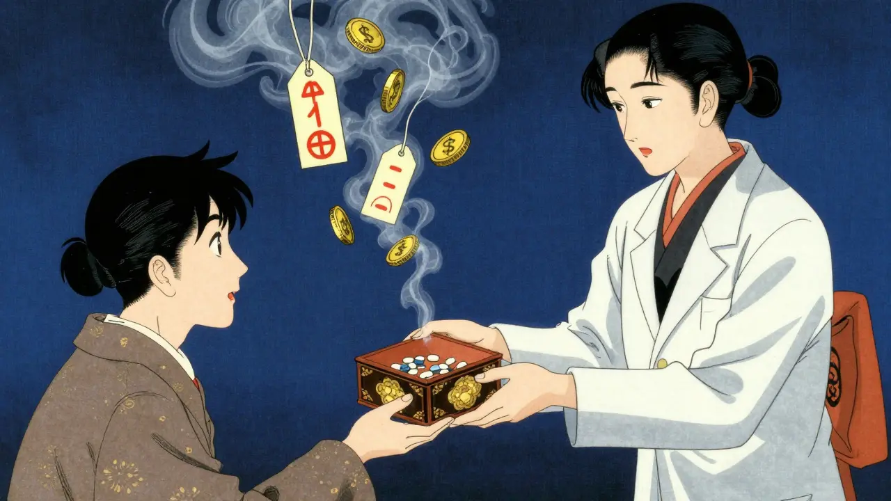 Pharmacien offrant des médicaments génériques abordables, style anime traditionnel