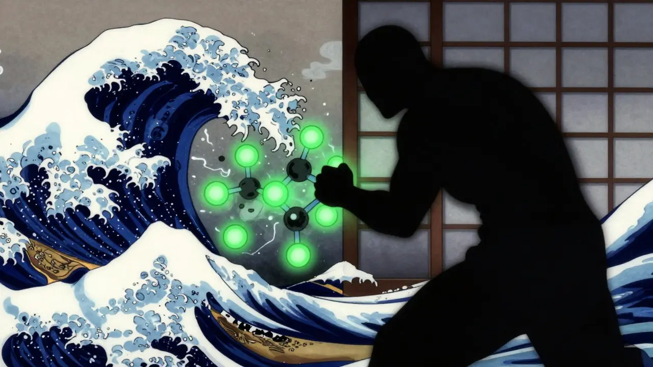 Porte traditionnelle japonaise bloquée par une ombre, piégeant des molécules vertes brillantes.