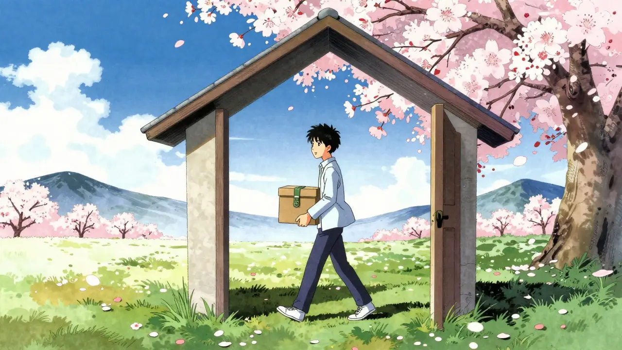 Un jeune adulte quitte la maison avec confiance, symbolisant l'autonomie responsable.