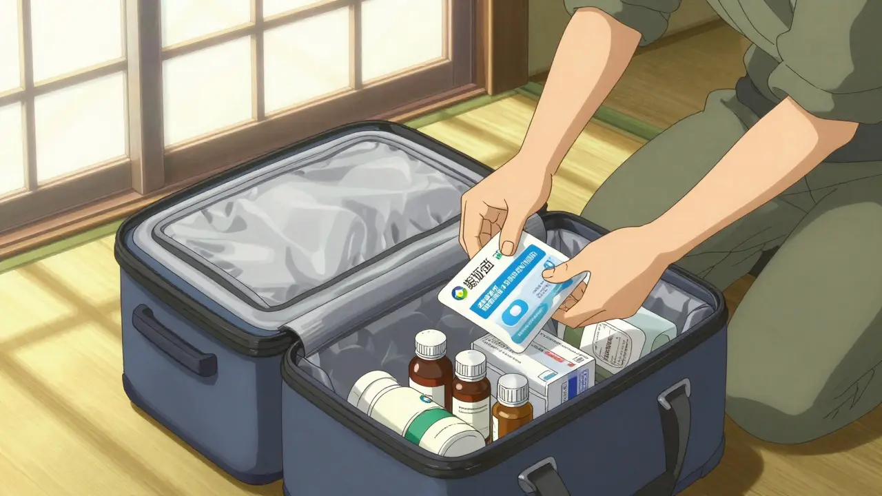 Rangement soigné des médicaments dans une valise avec glacière